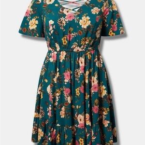 Torrid 2 Teal Mini Dress with Pink and Yellow Floral Pattern